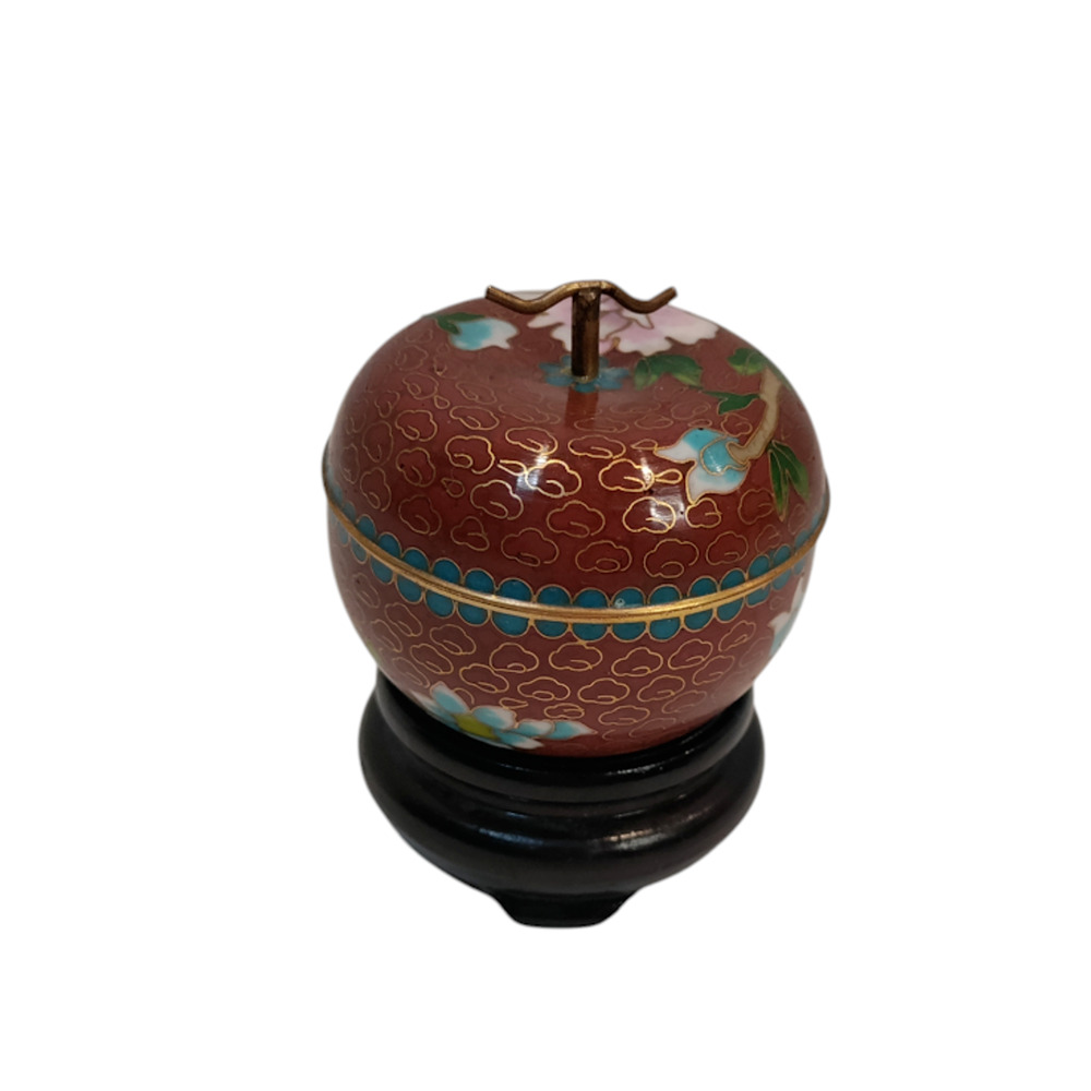 Cloisonne Trinket Box with Wood Stand - Enamel Apple Floral Brass